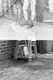 An accidental double exposure. The first exposure covers only the top half of the frame and shows legs of two people standing against a wall outdoors. The second exposure covers the whole frame and shows a stack of plastic chairs against a brick wall in an alley next to a telephone pole. This photo is in black and white.