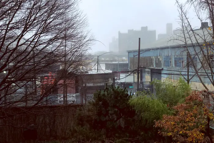 overlooking a courtyard with a brick wall covered in dead vines on a foggy day. The background contains metal industrial buildings and chain-link fences