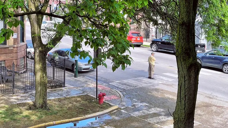 a person stands in the middle of a crosswalk